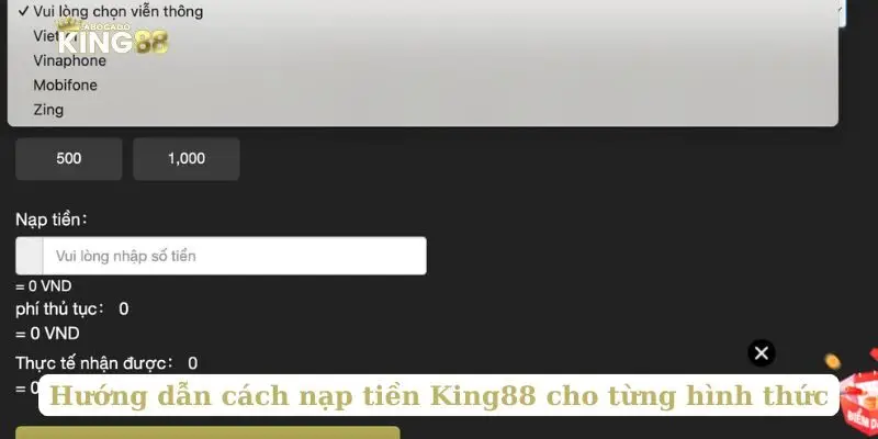 Hướng dẫn cách nạp tiền King88 cho từng hình thức